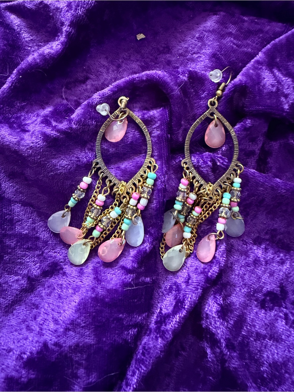 Gold-Tone Chandelier Earrings with Pink and Pastel Beads